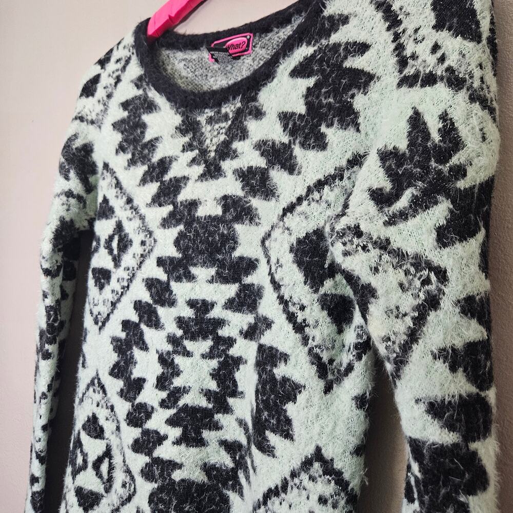 Y2K Say What? Womens Aztec Eyelash Knit Sweater L Mint GreenBlack Cozy Southwest